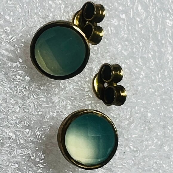 Vtg Vermeil Stud Earrings Aqua Faceted Cabochon Stones Minimalist Design Spring - Picture 1 of 6